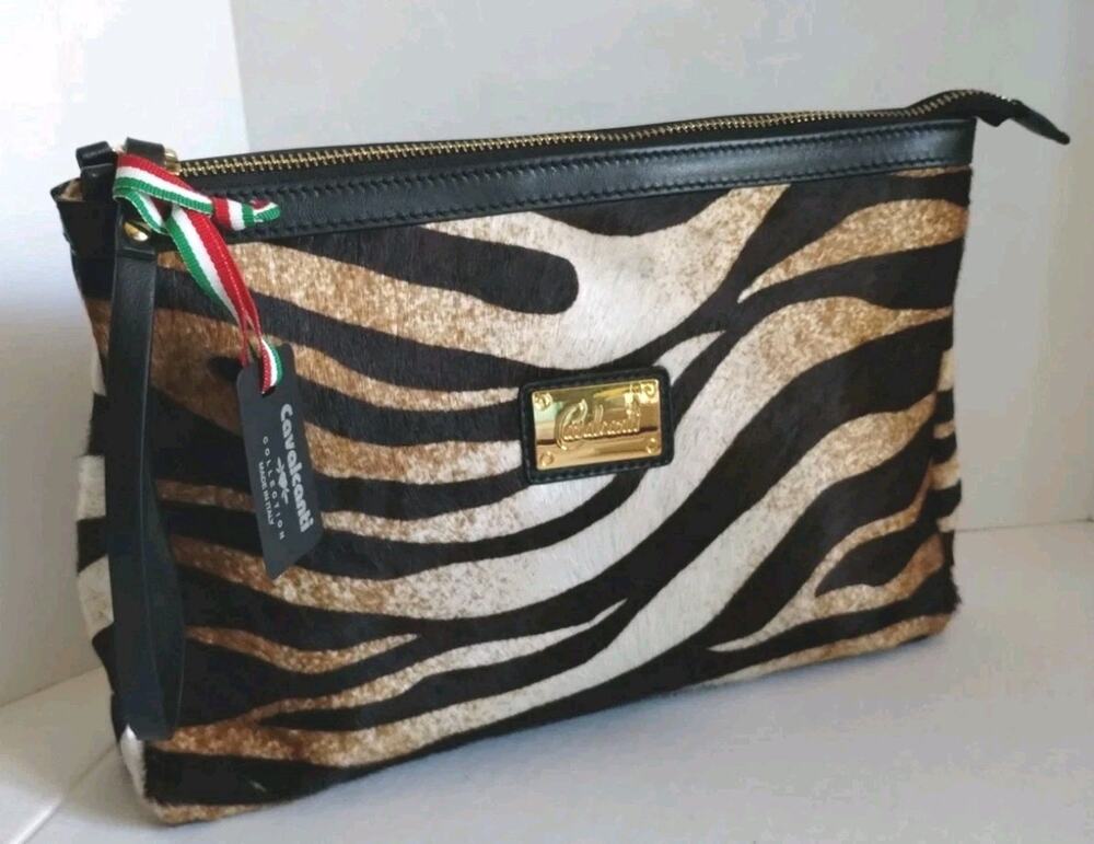Cavalcanti NEW Italy Black Leather & Animal Print Calf Hair Clutch / Wristlet